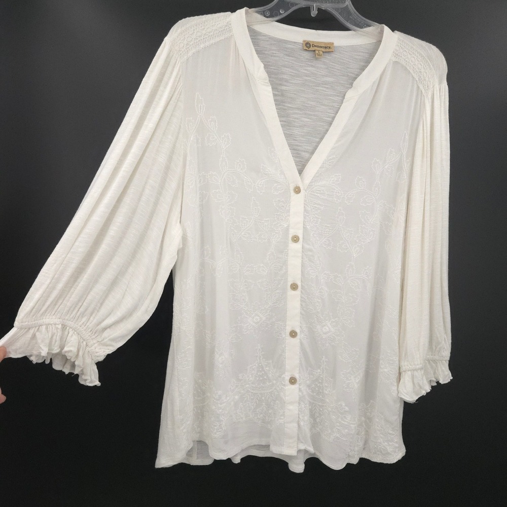 Democracy Embroidered Blouse Womens Large White 3/4 Ruffle Sleeve Boho Peasant